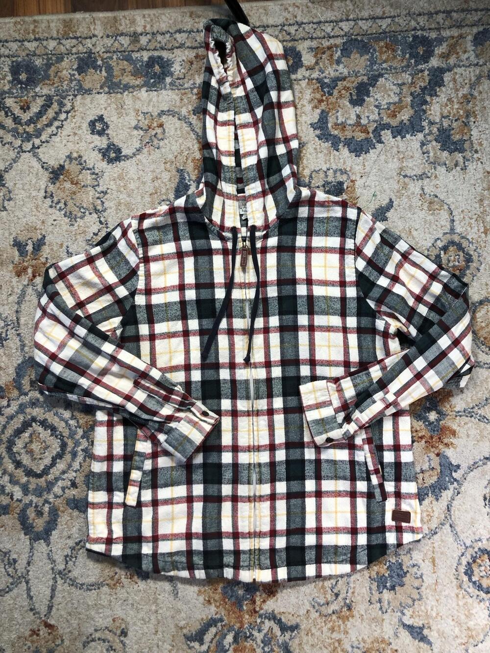 L.L.Bean Jacket Womens Medium Multicolor Plaid Flannel Hooded Full Zip Relaxed